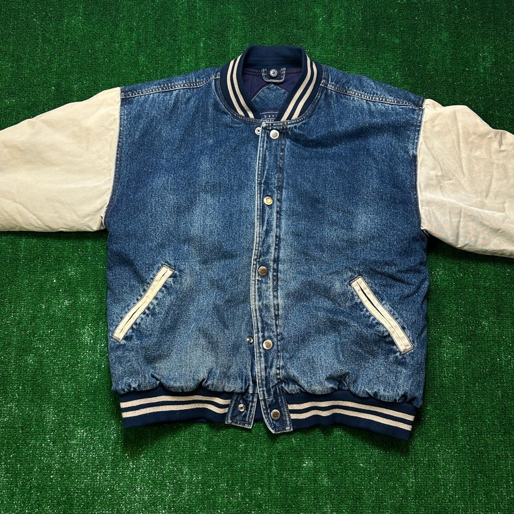 Y2K / Vintage Basic Editions Denim Varsity M Blue Bomber Two Tone Removable Hood - Picture 2 of 13